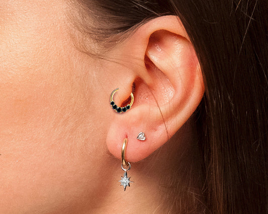 Beş Taşlı Siyah Pırlantalı Halka Piercing, 12 MM , 1.2 MM, 14K Sarı-Beyaz-Kırmızı Altın | LC00020B