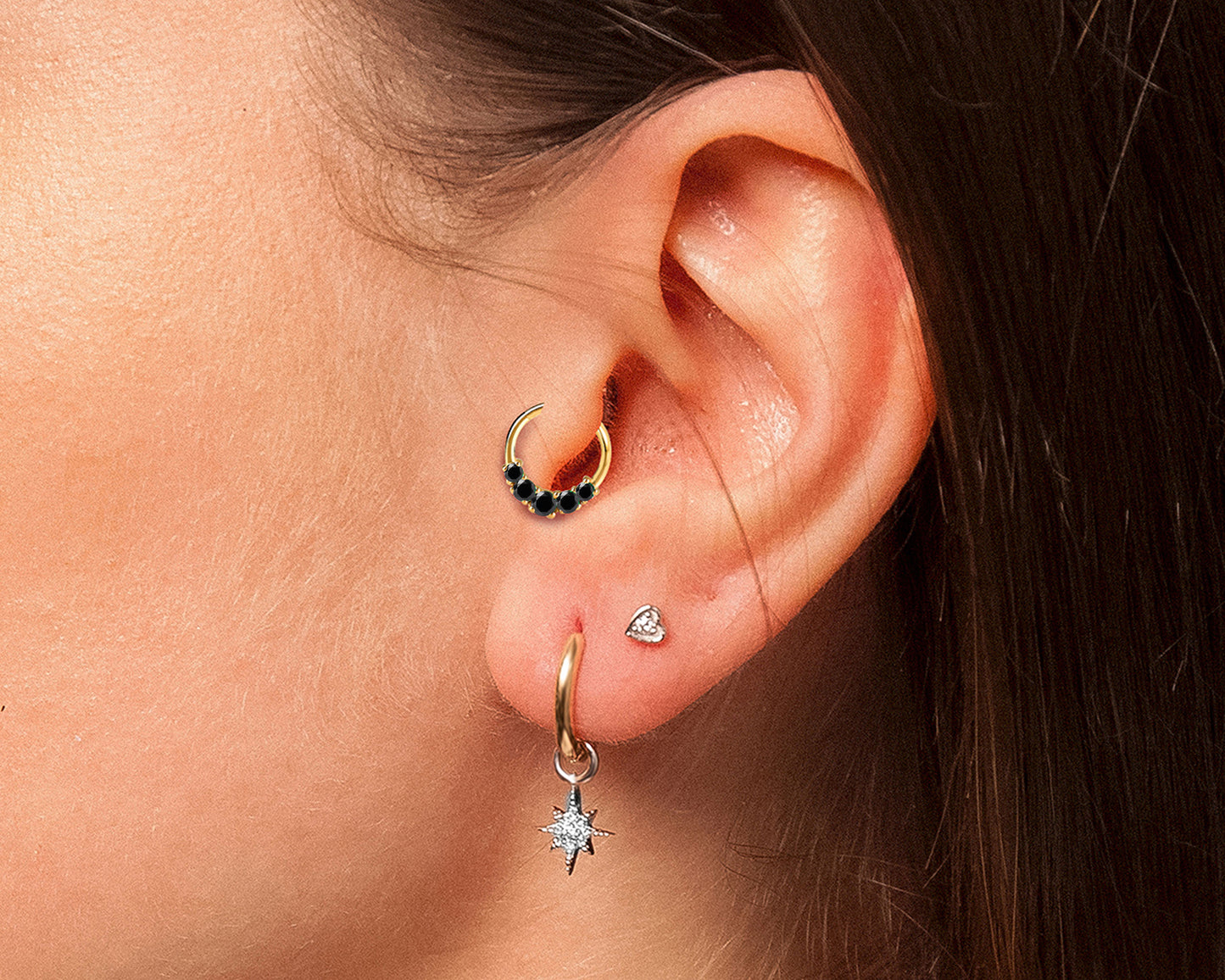 Beş Taşlı Siyah Pırlantalı Halka Piercing, 12 MM , 1.2 MM, 14K Sarı-Beyaz-Kırmızı Altın | LC00020B