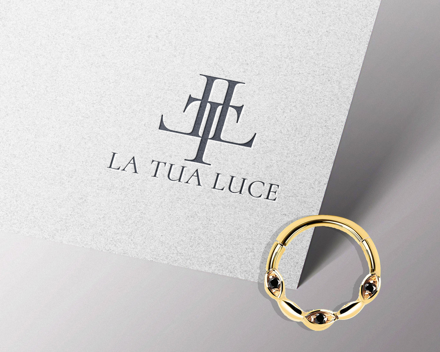 Üç Badem Siyah Pırlantalı Halka Piercing, 10 MM , 1.2 MM, 14K Sarı-Beyaz-Kırmızı Altın | LC00040B