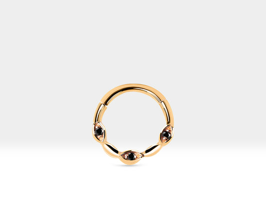 Üç Badem Siyah Pırlantalı Halka Piercing, 10 MM , 1.2 MM, 14K Sarı-Beyaz-Kırmızı Altın | LC00040B