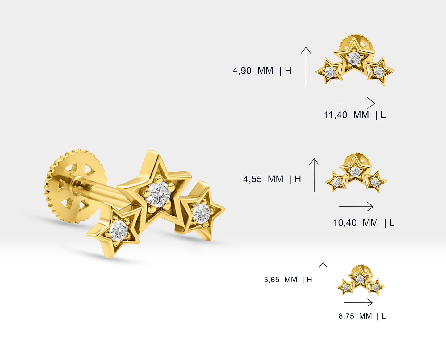 Üçlü Yıldız Pırlanta Piercing, 8 MM , 1.2 MM, 14K Sarı-Beyaz-Kırmızı Altın | LP00042D