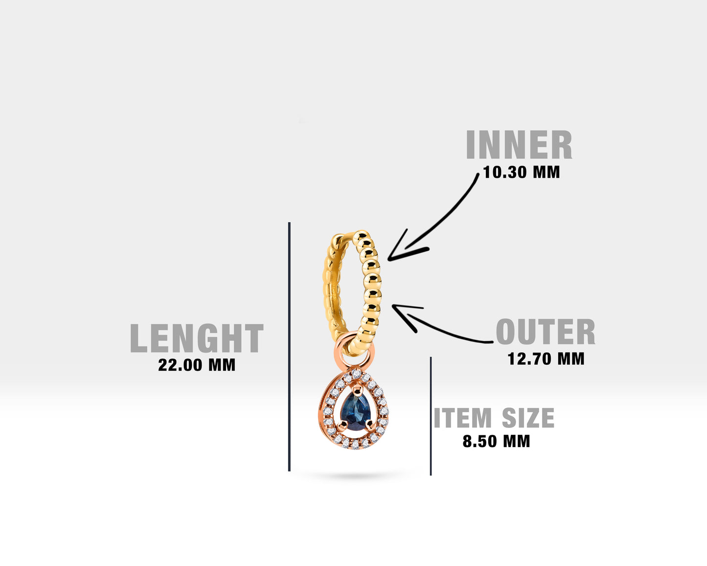 Damla Safir Sallantılı Küpe, 12 MM , 14K Sarı-Beyaz-Kırmızı Altın | LE00047SD
