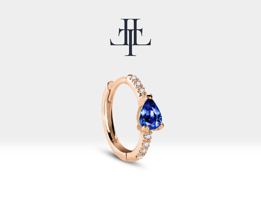 Damla Safir ve Pırlantalı Küpe, 12 MM , 14K Sarı-Beyaz-Kırmızı Altın | LE00018DS