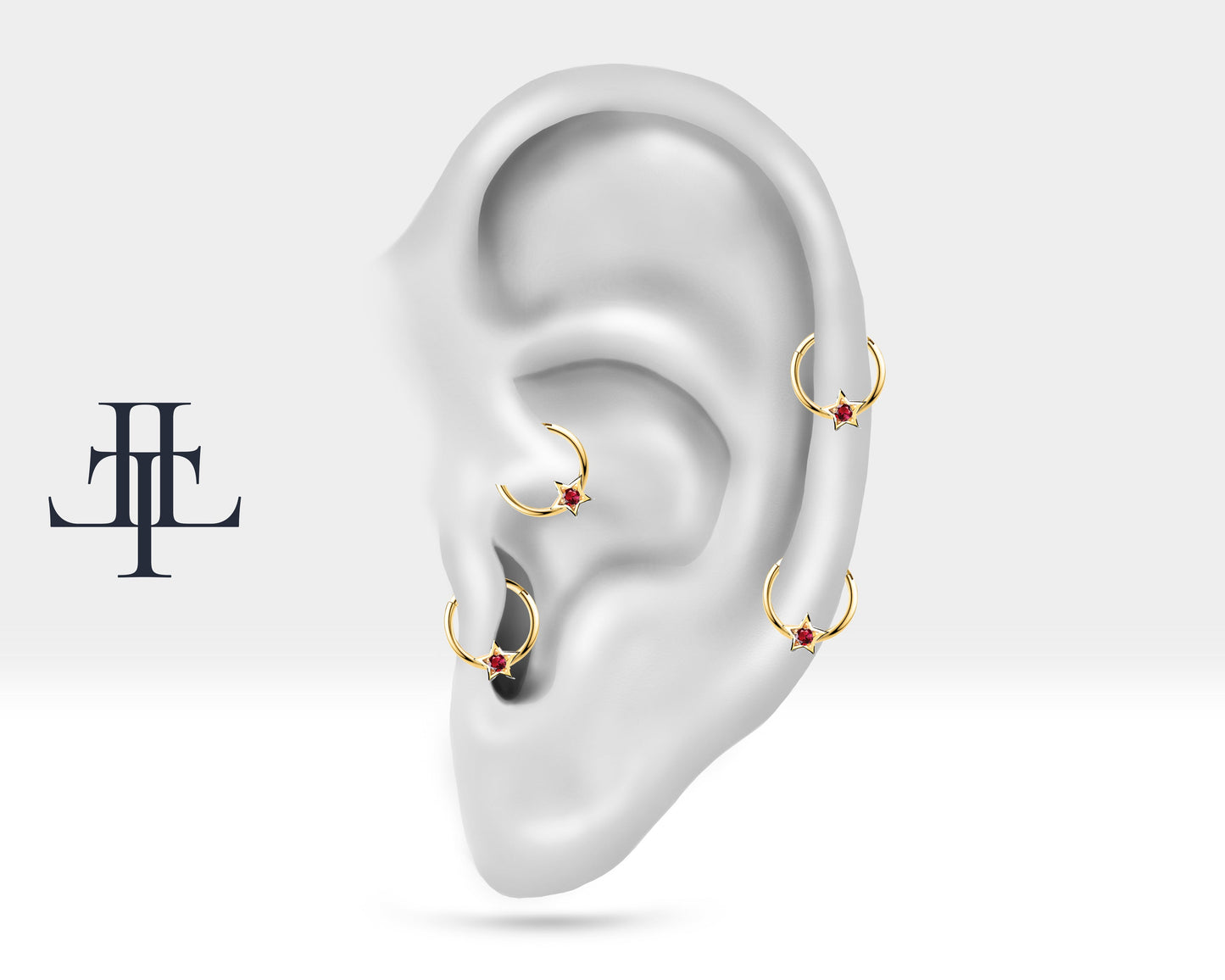 Yıldız Yakutlu Halka Piercing, 10 MM , 1.2 MM, 14K Sarı-Beyaz-Kırmızı Altın | LC00019R