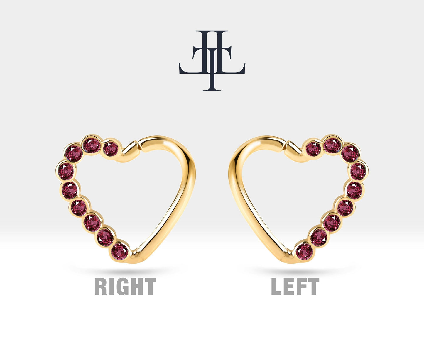 Dizi Yakutlu Kalp Halka Piercing, 13 MM , 1.2 MM, 14K Sarı-Beyaz-Kırmızı Altın | LC00017R