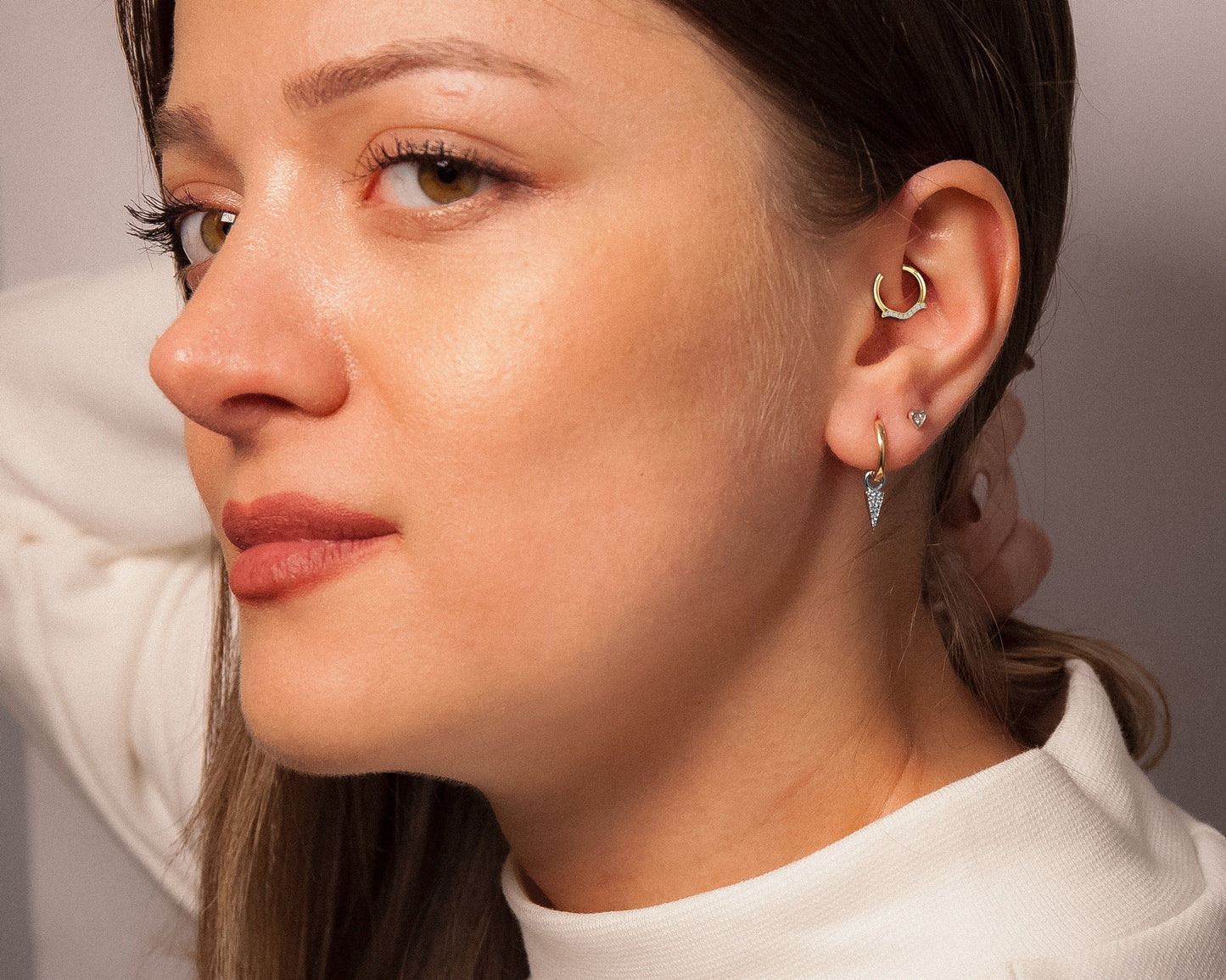 Martı Pırlantalı Halka Piercing, 12 MM , 1.2 MM, 14K Sarı-Beyaz-Kırmızı Altın | LC00029D