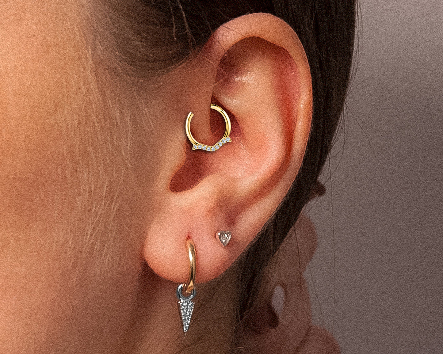 Martı Pırlantalı Halka Piercing, 12 MM , 1.2 MM, 14K Sarı-Beyaz-Kırmızı Altın | LC00029D