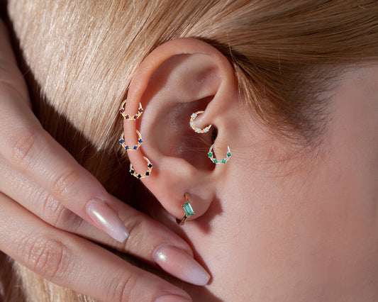 Bezeme Yakutlu Halka Piercing, 13 MM , 1.2 MM, 14K Sarı-Beyaz-Kırmızı Altın | LC00009R
