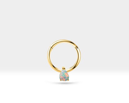 Damla Opalli Halka Piercing, 12 MM , 1.2 MM, 14K Sarı-Beyaz-Kırmızı Altın | LC00011O