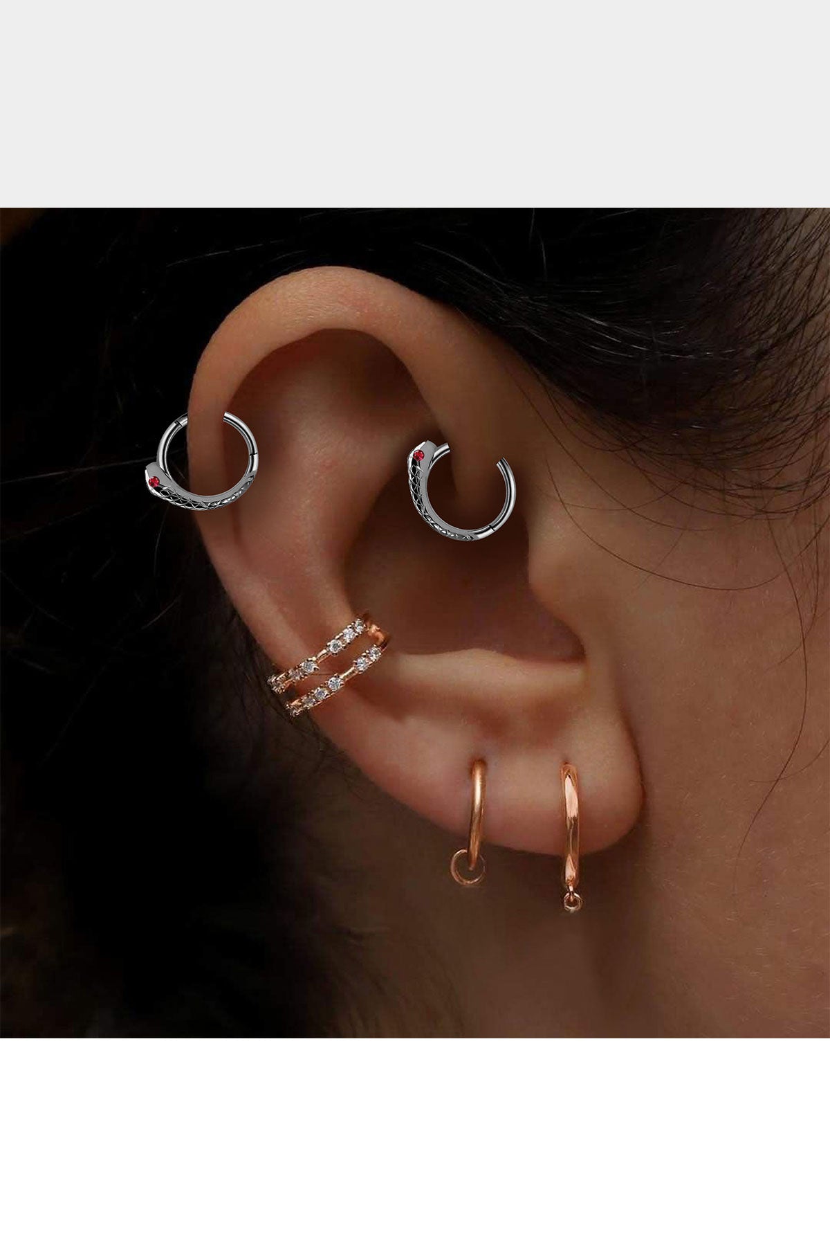 Yılanlı Yakutlu Halka Piercing, 12 MM , 1.2 MM, 14K Sarı-Beyaz-Kırmızı Altın | LC00014R