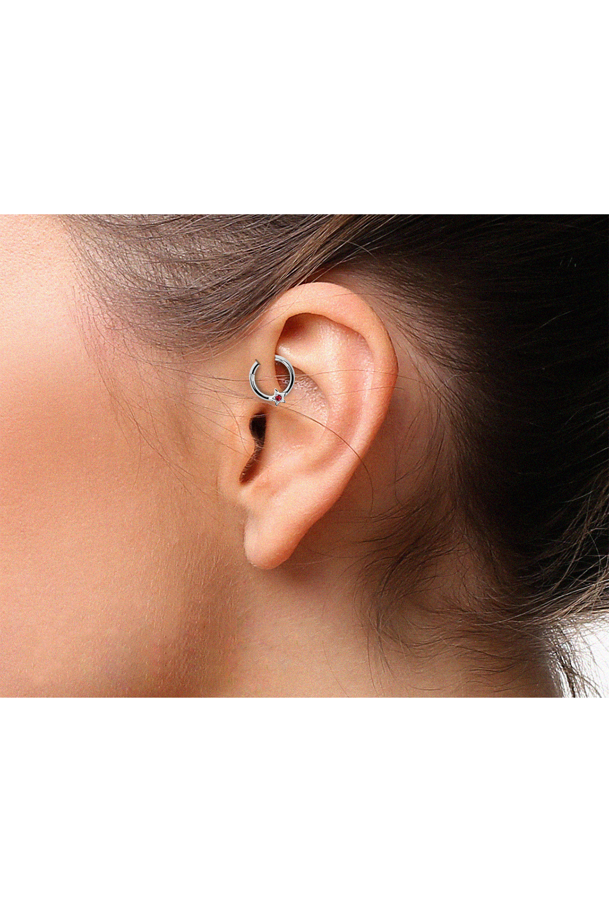 Yıldız Yakutlu Halka Piercing, 10 MM , 1.2 MM, 14K Sarı-Beyaz-Kırmızı Altın | LC00019R