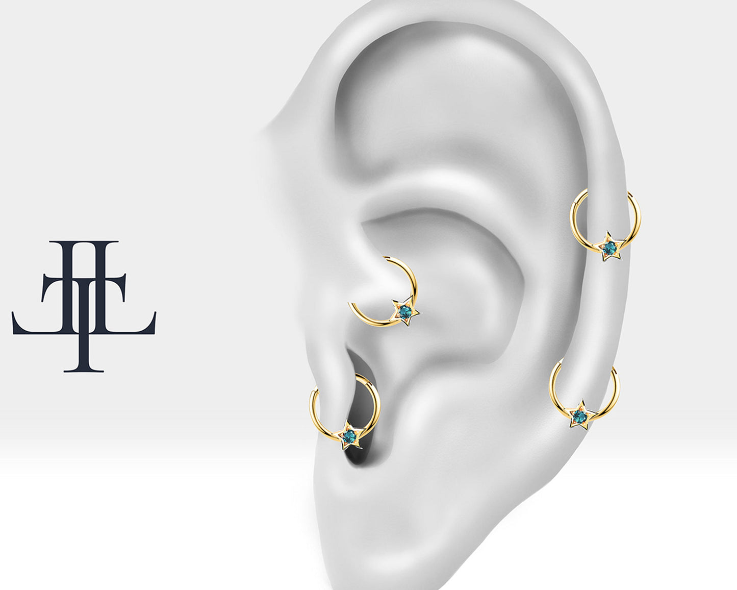 Yıldız Topazlı Halka Piercing, 10 MM , 1.2 MM, 14K Sarı-Beyaz-Kırmızı Altın | LC00019T