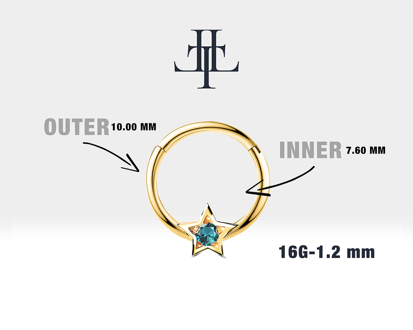 Yıldız Topazlı Halka Piercing, 10 MM , 1.2 MM, 14K Sarı-Beyaz-Kırmızı Altın | LC00019T