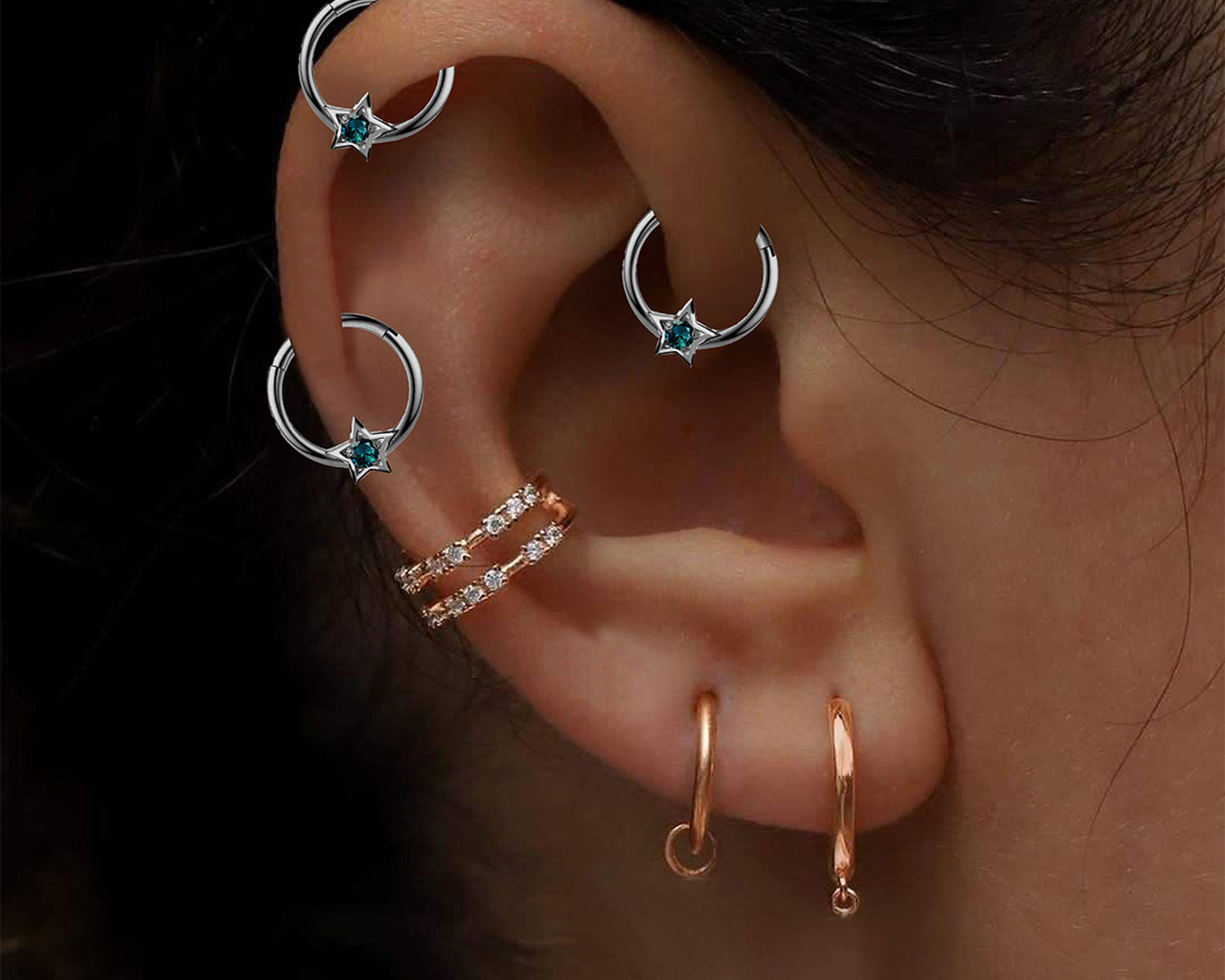 Yıldız Topazlı Halka Piercing, 10 MM , 1.2 MM, 14K Sarı-Beyaz-Kırmızı Altın | LC00019T