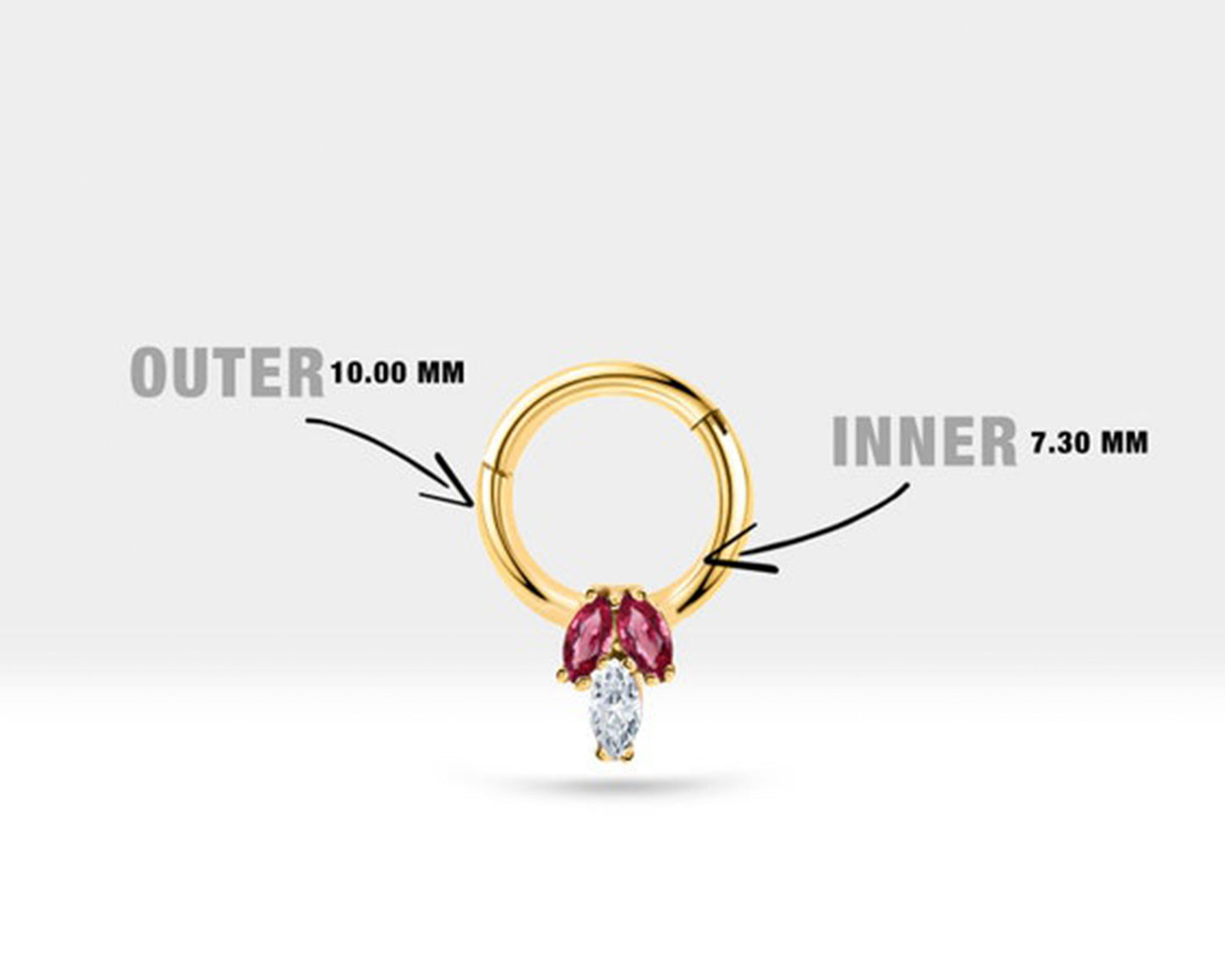 Üçlü Markiz Pırlanta ve Yakutlu Halka Piercing, 10 MM , 1.2 MM, 14K Sarı-Beyaz-Kırmızı Altın | LC00023RD