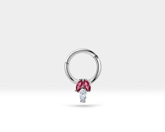 Üçlü Markiz Pırlanta ve Yakutlu Halka Piercing, 10 MM , 1.2 MM, 14K Sarı-Beyaz-Kırmızı Altın | LC00023RD