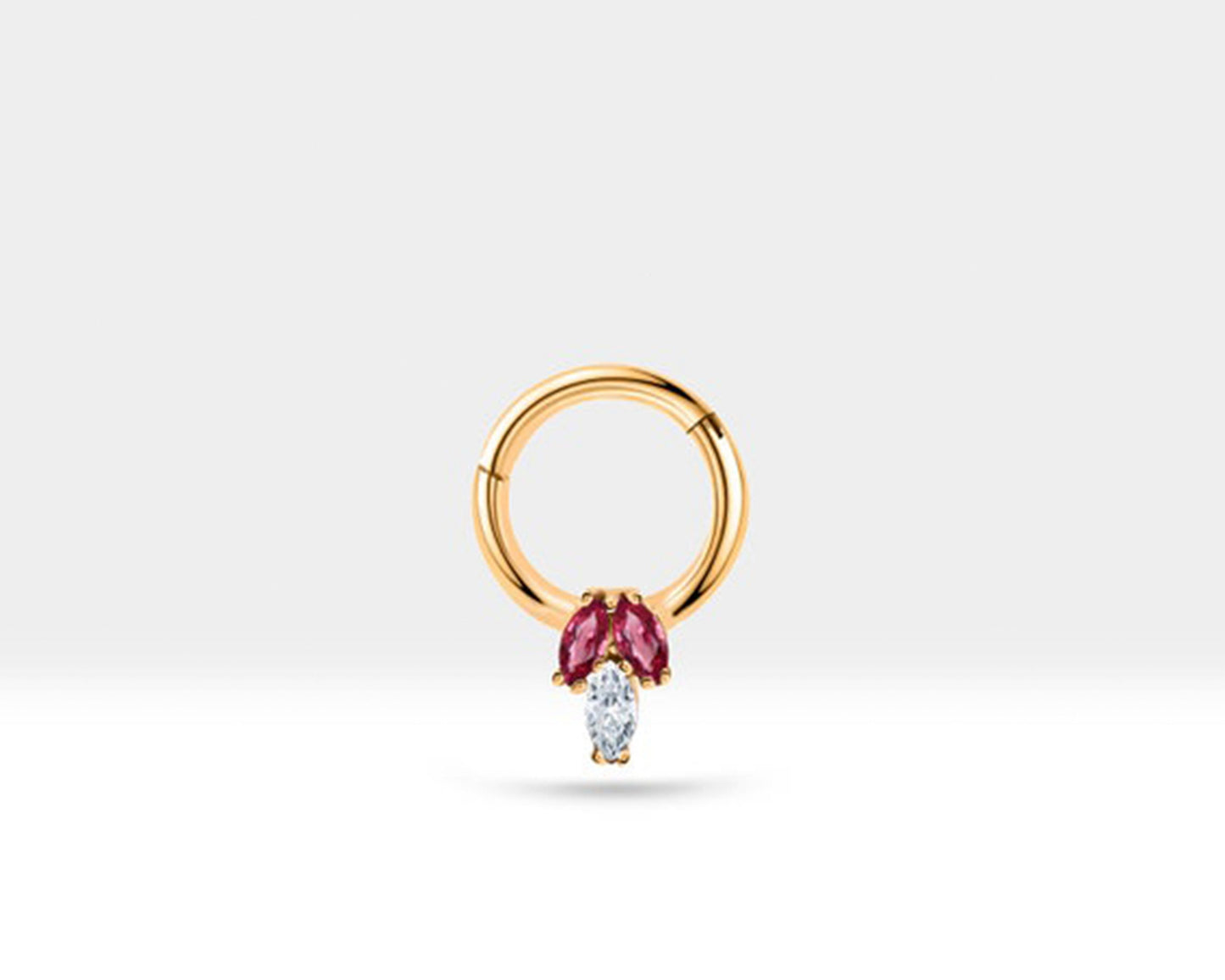 Üçlü Markiz Pırlanta ve Yakutlu Halka Piercing, 10 MM , 1.2 MM, 14K Sarı-Beyaz-Kırmızı Altın | LC00023RD