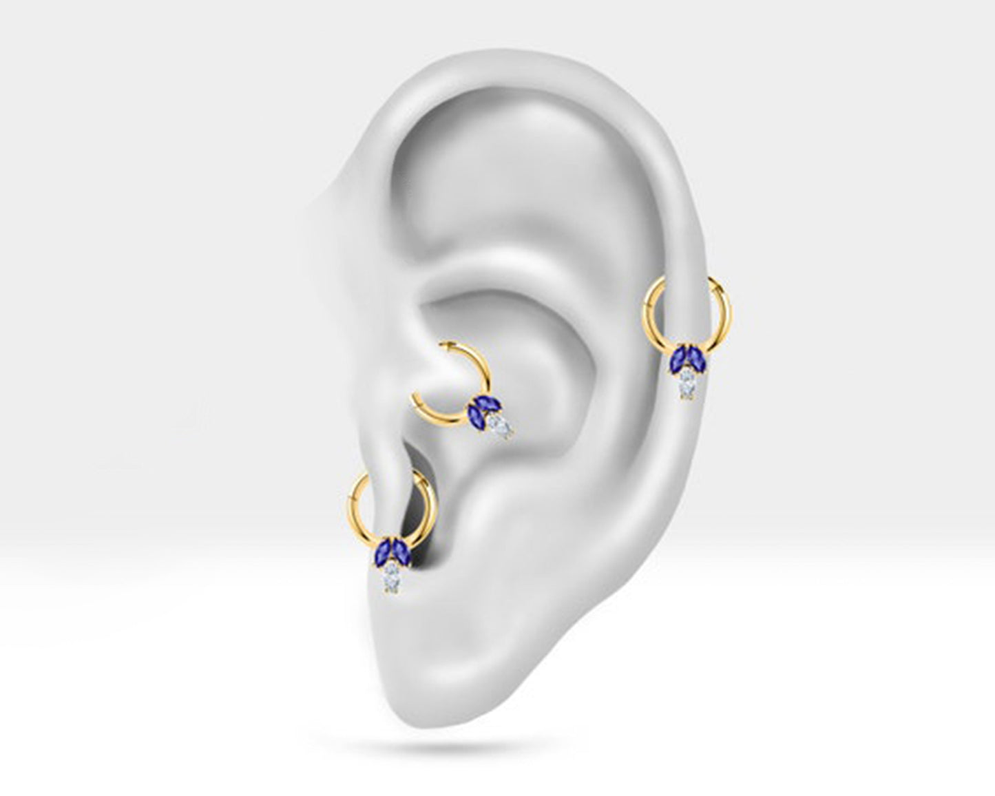 Üçlü Markiz Pırlanta ve Safirli Halka Piercing, 10 MM , 1.2 MM, 14K Sarı-Beyaz-Kırmızı Altın | LC00023SD