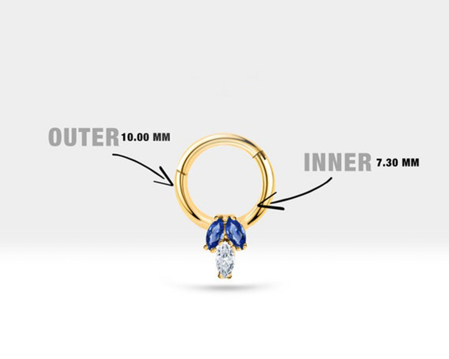 Üçlü Markiz Pırlanta ve Safirli Halka Piercing, 10 MM , 1.2 MM, 14K Sarı-Beyaz-Kırmızı Altın | LC00023SD
