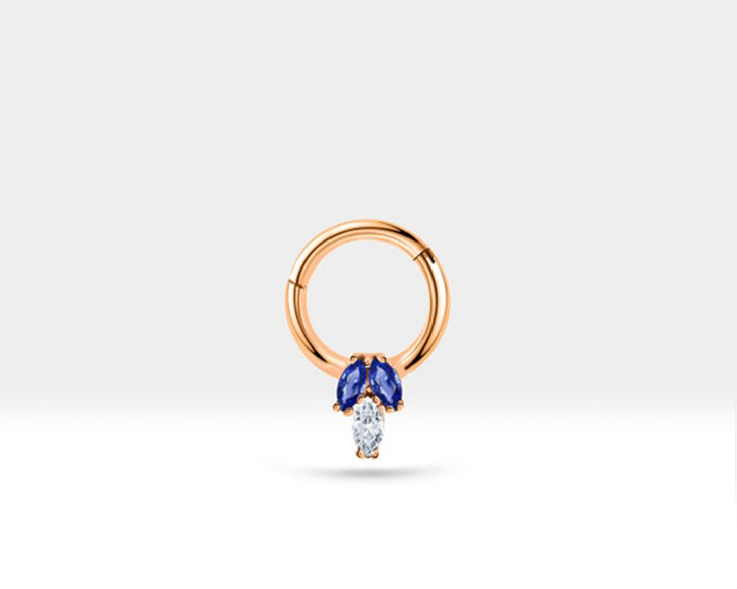 Üçlü Markiz Pırlanta ve Safirli Halka Piercing, 10 MM , 1.2 MM, 14K Sarı-Beyaz-Kırmızı Altın | LC00023SD