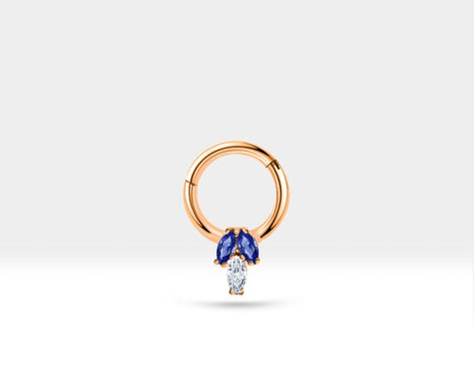 Üçlü Markiz Pırlanta ve Safirli Halka Piercing, 10 MM , 1.2 MM, 14K Sarı-Beyaz-Kırmızı Altın | LC00023SD