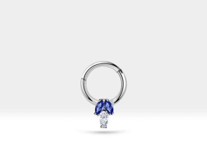 Üçlü Markiz Pırlanta ve Safirli Halka Piercing, 10 MM , 1.2 MM, 14K Sarı-Beyaz-Kırmızı Altın | LC00023SD