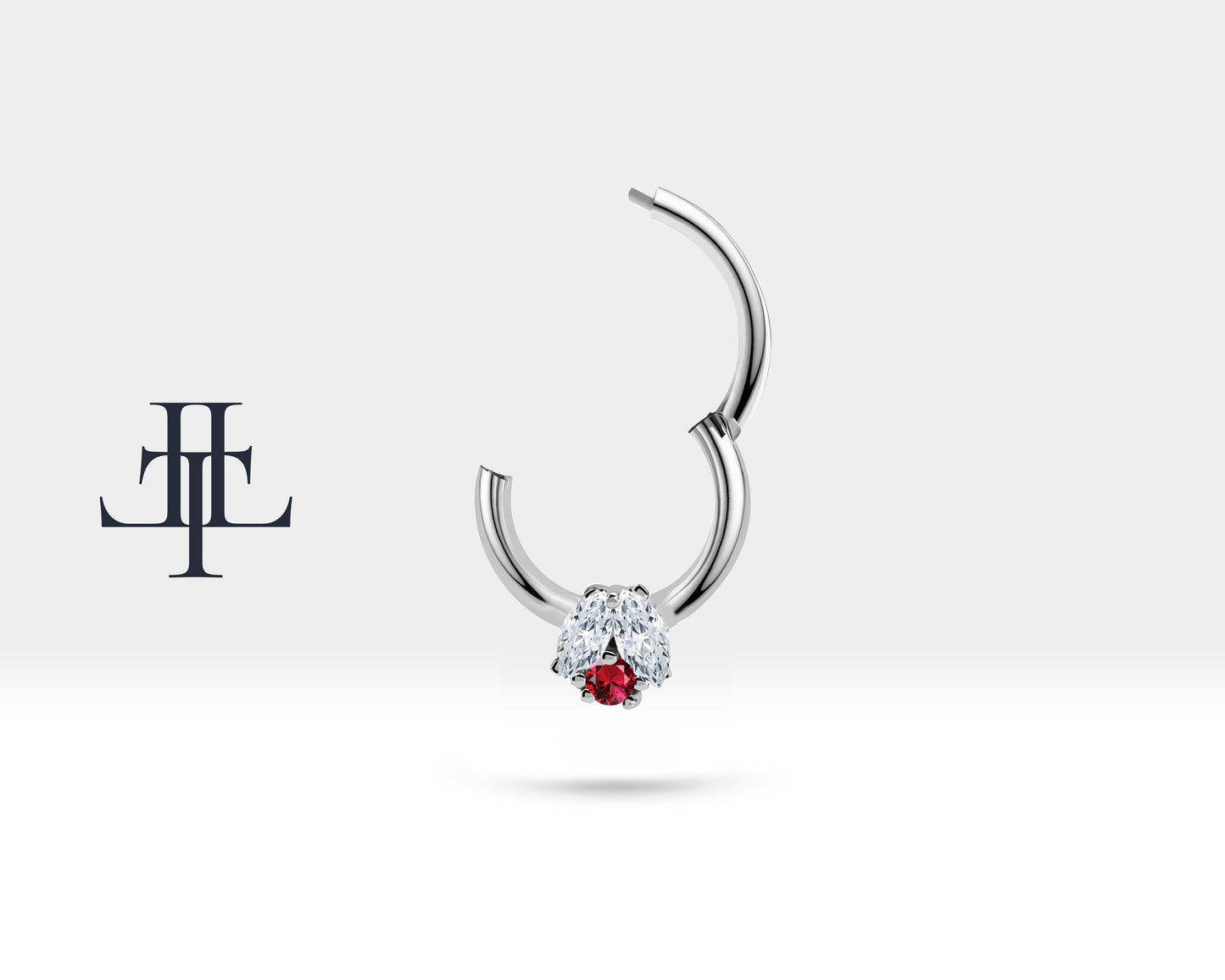 İkili Markiz Pırlanta ve Yakutlu Halka Piercing, 10 MM , 1.2 MM, 14K Sarı-Beyaz-Kırmızı Altın | LC00024DR