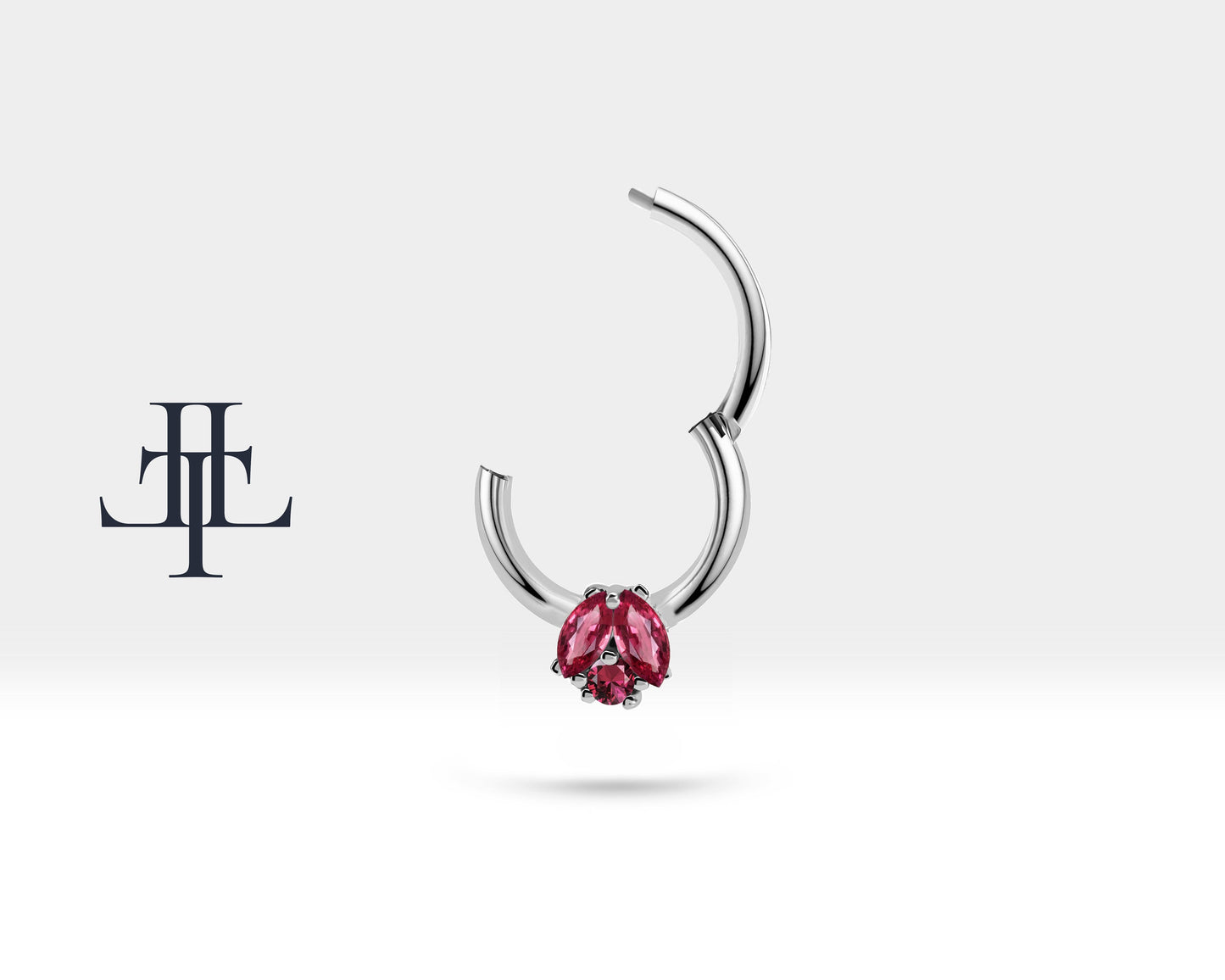 İkili Markiz Yakutlu Halka Piercing, 10 MM , 1.2 MM, 14K Sarı-Beyaz-Kırmızı Altın | LC00026R