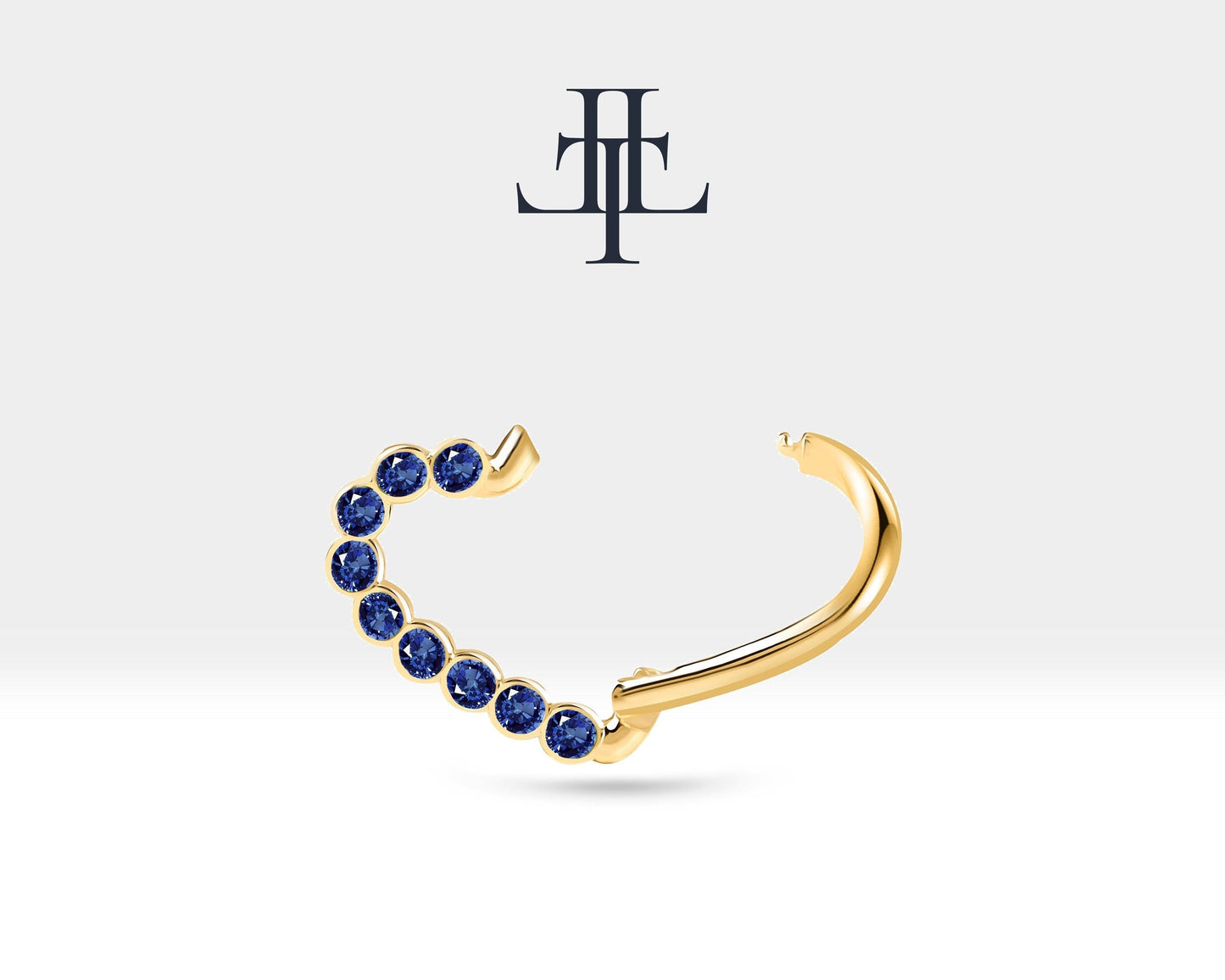 Dizi Safirli Kalp Halka Piercing, 13 MM , 1.2 MM, 14K Sarı-Beyaz-Kırmızı Altın | LC00017S