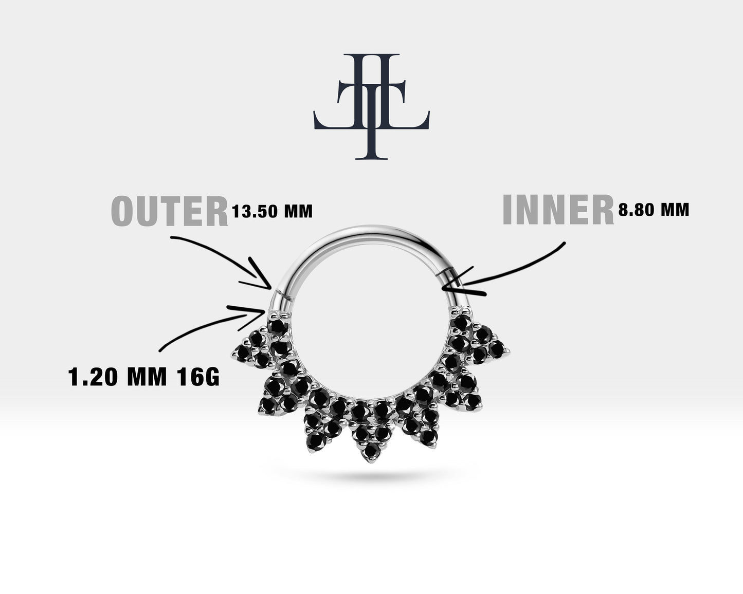 Taç Siyah Pırlantalı Halka Piercing, 13.5 MM , 1.2 MM, 14K Sarı-Beyaz-Kırmızı Altın | LC00041B