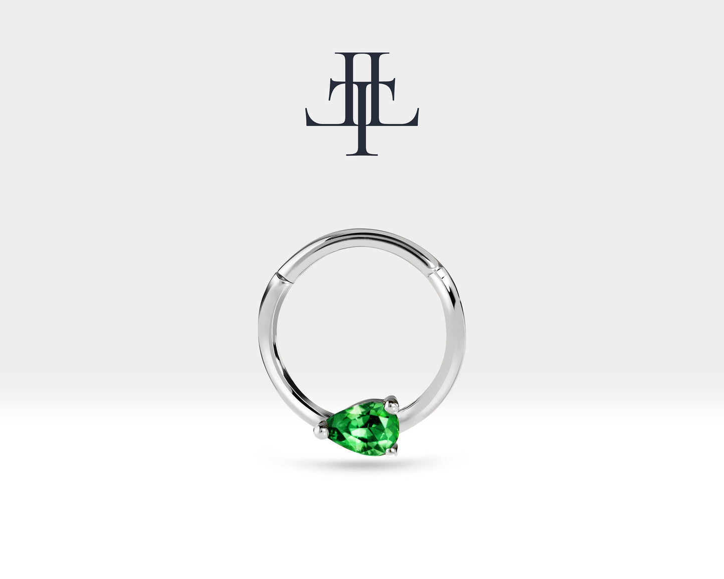 Damla Zümrütlü Halka Piercing, 10-12 MM , 1.2 MM, 14K Sarı-Beyaz-Kırmızı Altın | LC00027E