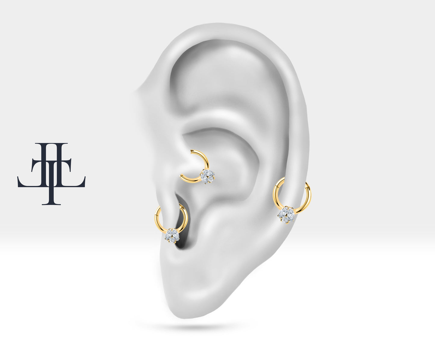 İkili Markiz Pırlantalı Halka Piercing, 10 MM , 1.2 MM, 14K Sarı-Beyaz-Kırmızı Altın | LC00026D