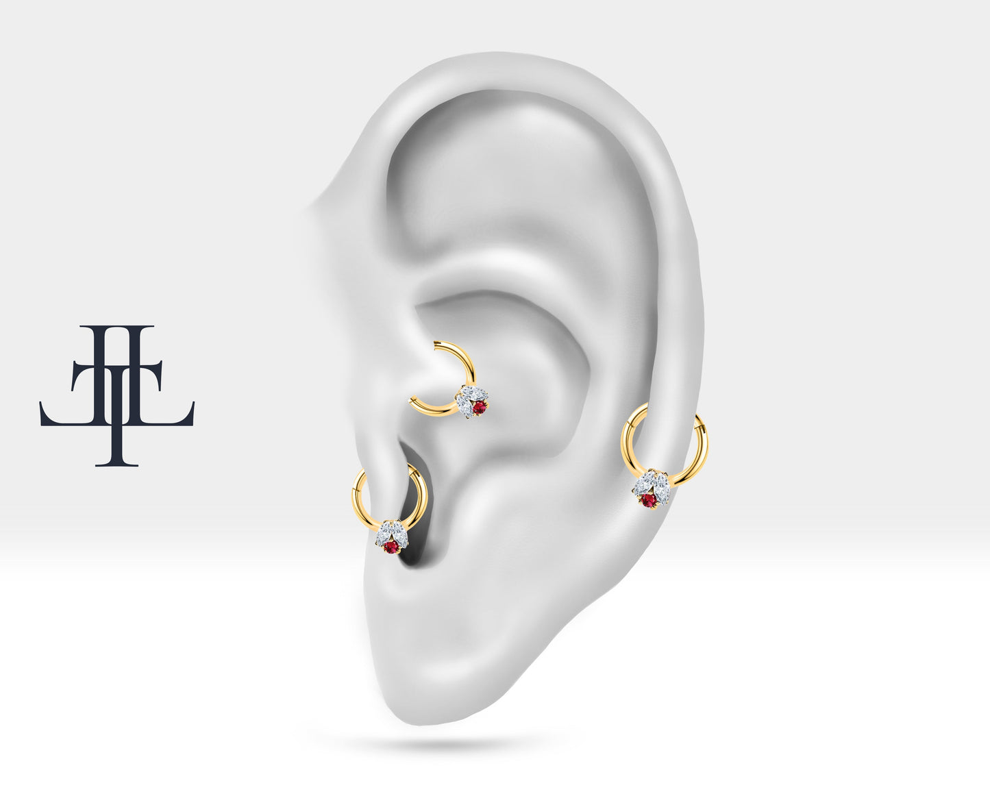 İkili Markiz Pırlanta ve Yakutlu Halka Piercing, 10 MM , 1.2 MM, 14K Sarı-Beyaz-Kırmızı Altın | LC00024DR