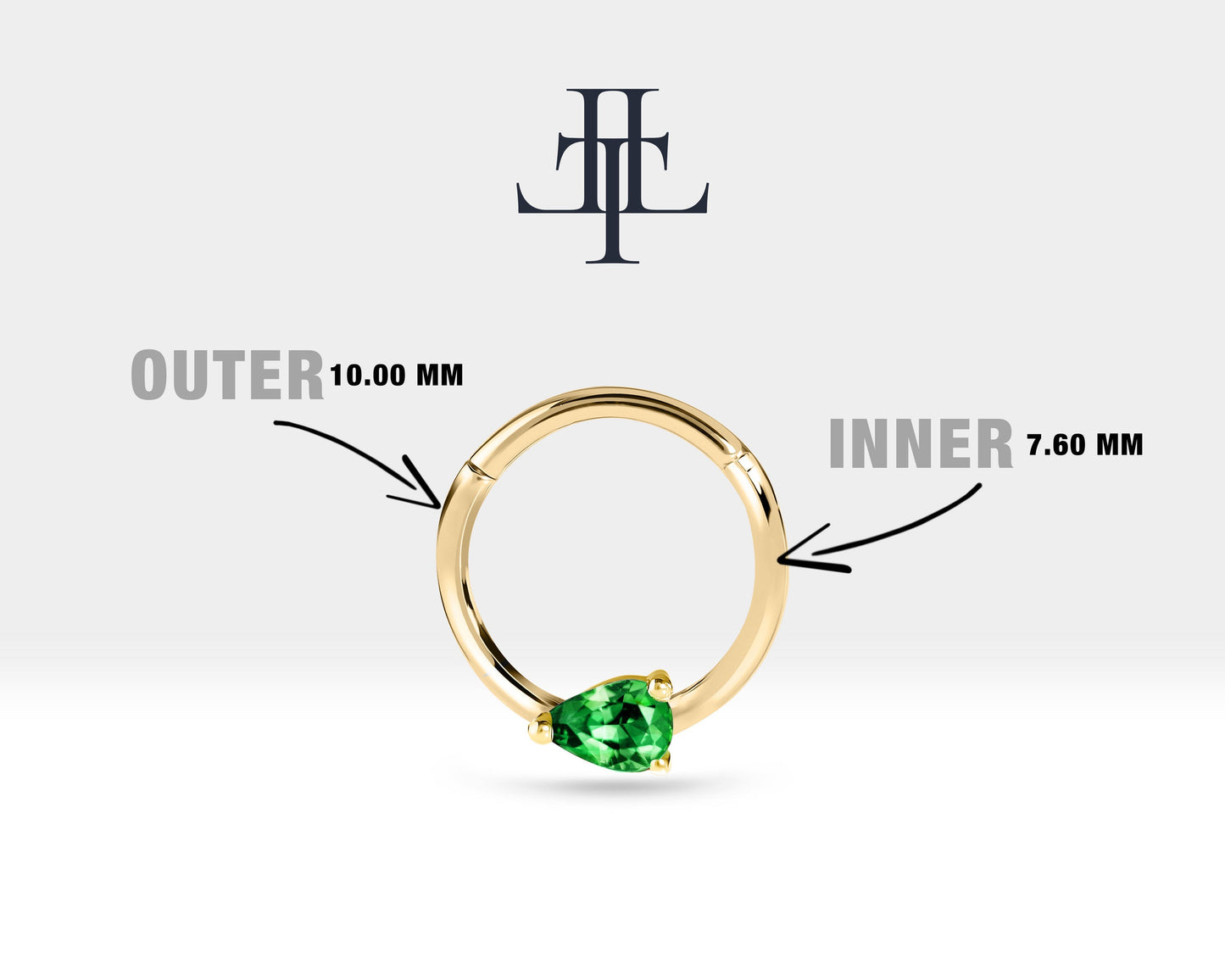 Damla Zümrütlü Halka Piercing, 10-12 MM , 1.2 MM, 14K Sarı-Beyaz-Kırmızı Altın | LC00027E