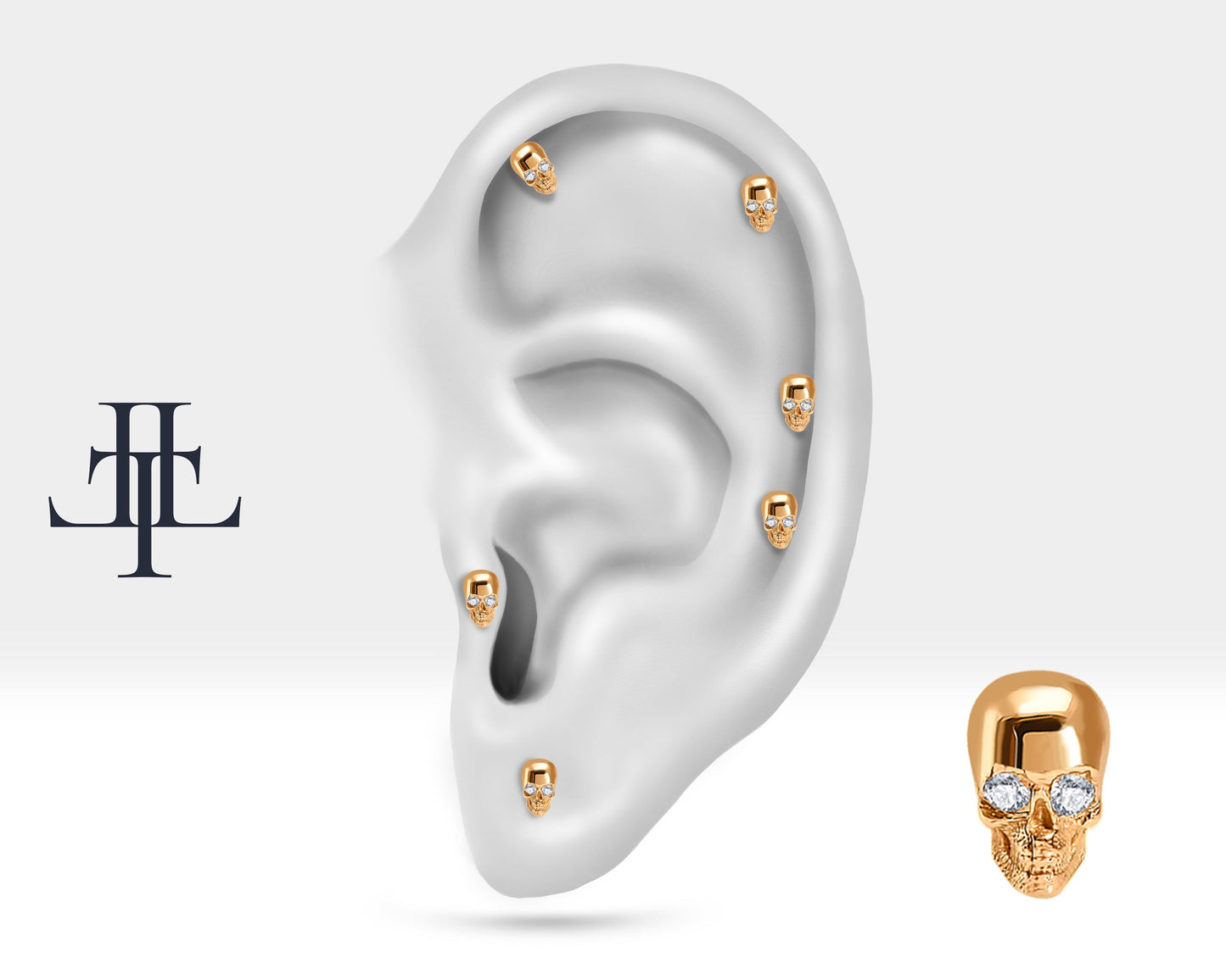 Pırlantalı Kuru Kafa Piercing, 8 MM , 1.2 MM, 14K Sarı-Beyaz-Kırmızı Altın | LP00011D