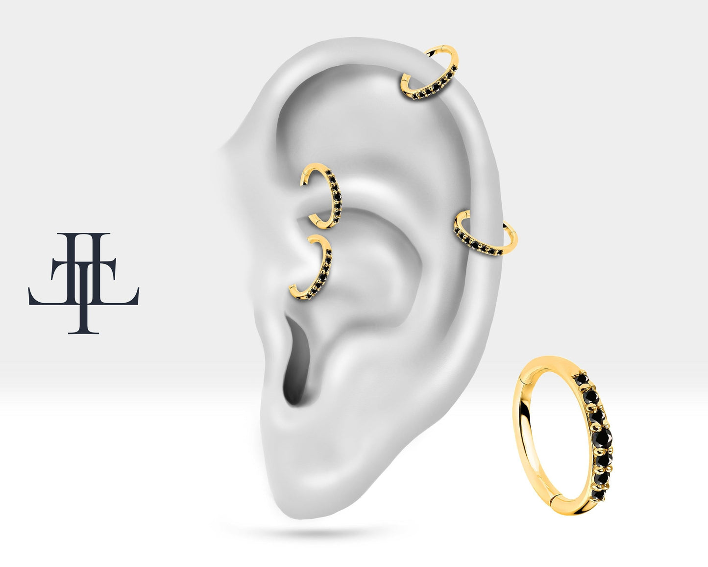 Dizi Siyah Pırlantalı Halka Piercing, 12 MM , 1.2 MM, 14K Sarı-Beyaz-Kırmızı Altın | LC00044B