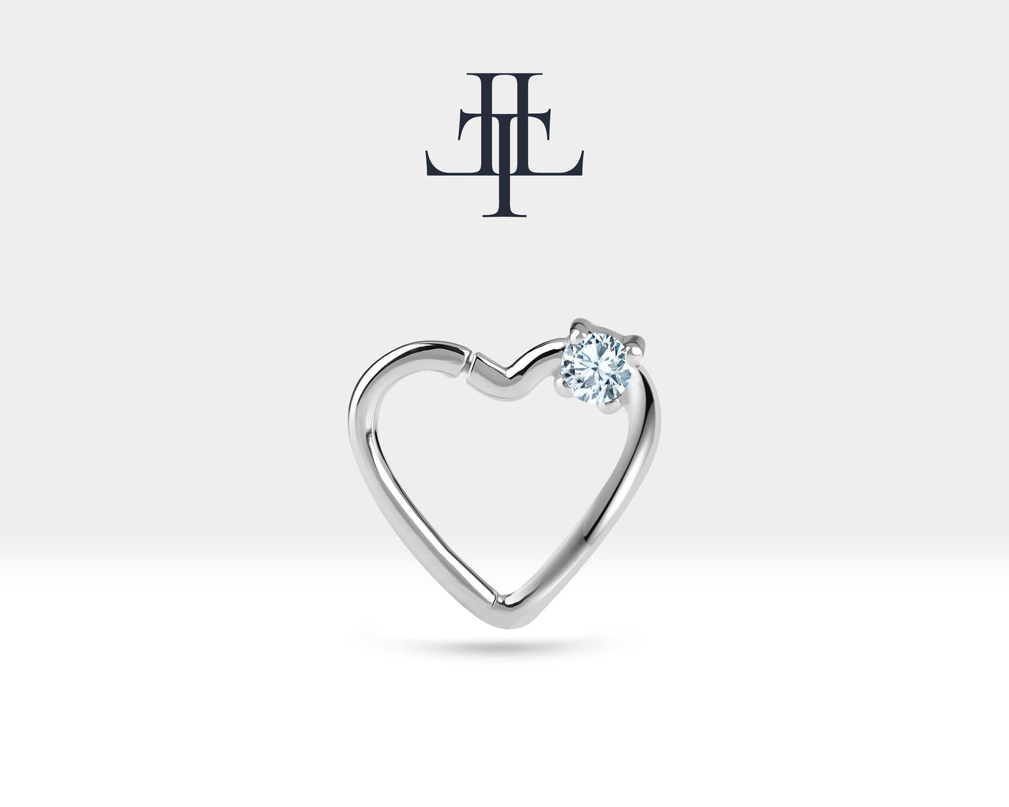 Tek Taş Kalp Pırlantalı Halka Piercing, 13 MM , 1.2 MM, 14K Sarı-Beyaz-Kırmızı Altın | LC00010D