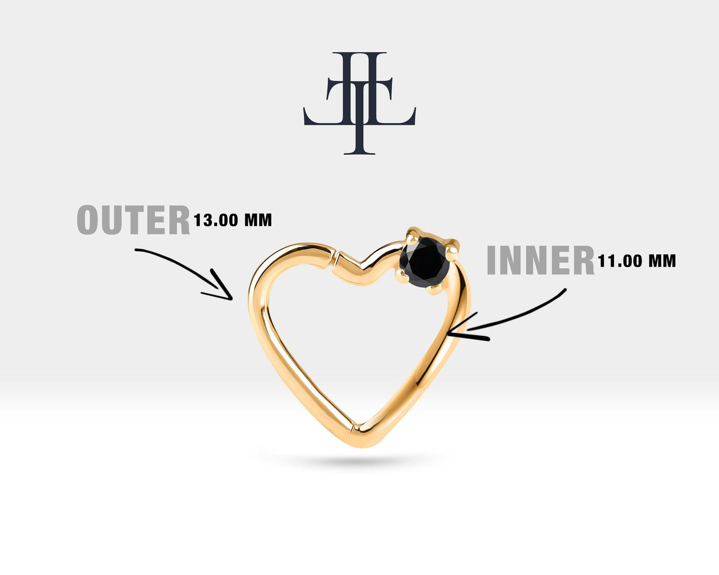Tek Taş Kalp Siyah Pırlanta Halka Piercing, 13 MM , 1.2 MM, 14K Sarı-Beyaz-Kırmızı Altın | LC00010B