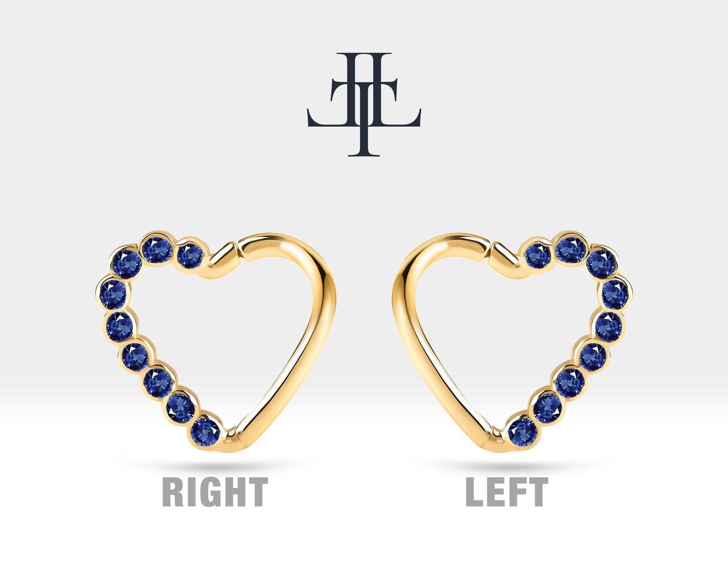 Dizi Safirli Kalp Halka Piercing, 13 MM , 1.2 MM, 14K Sarı-Beyaz-Kırmızı Altın | LC00017S