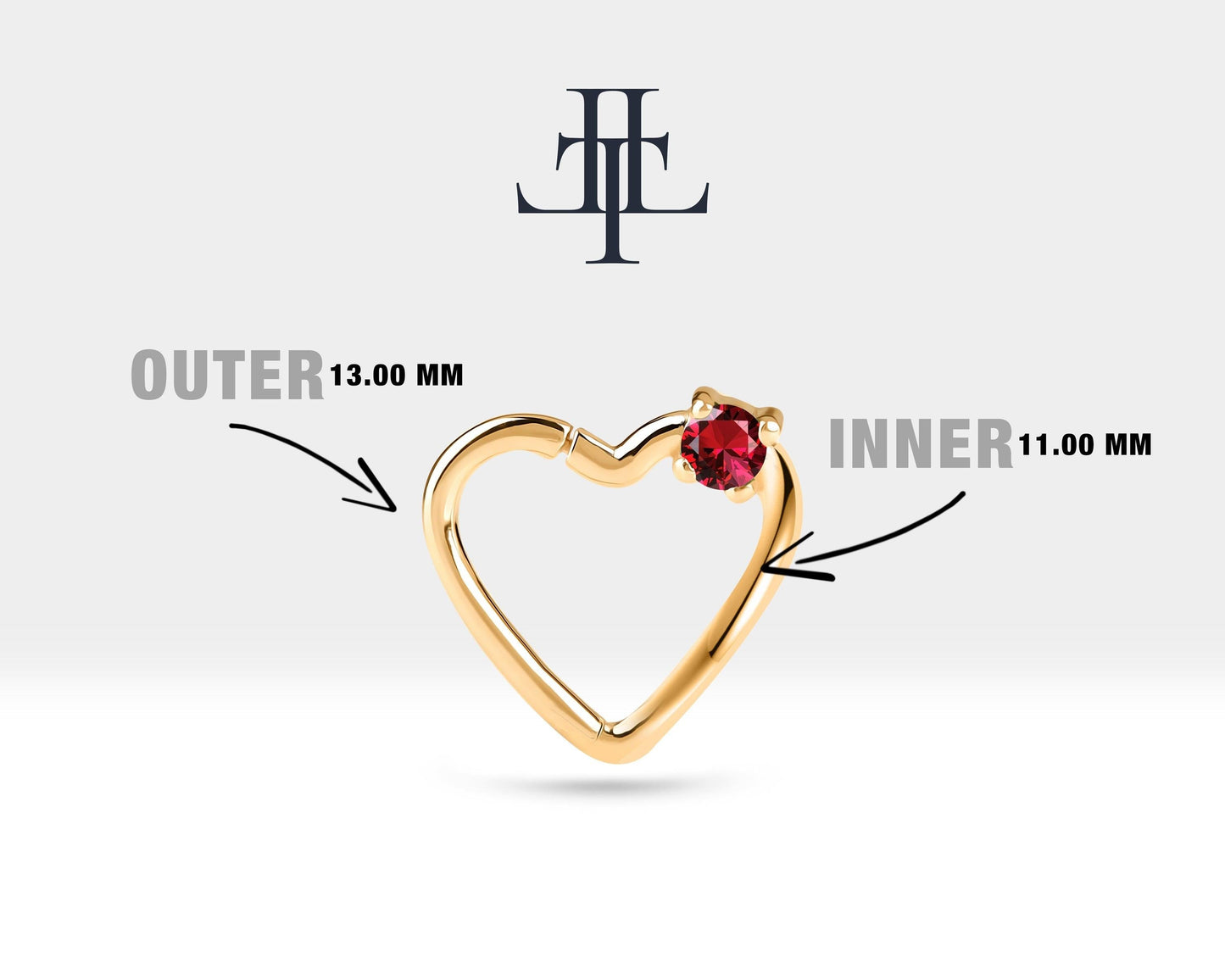 Tek Taş Kalp Yakutlu Halka Piercing, 13 MM , 1.2 MM, 14K Sarı-Beyaz-Kırmızı Altın | LC00010R