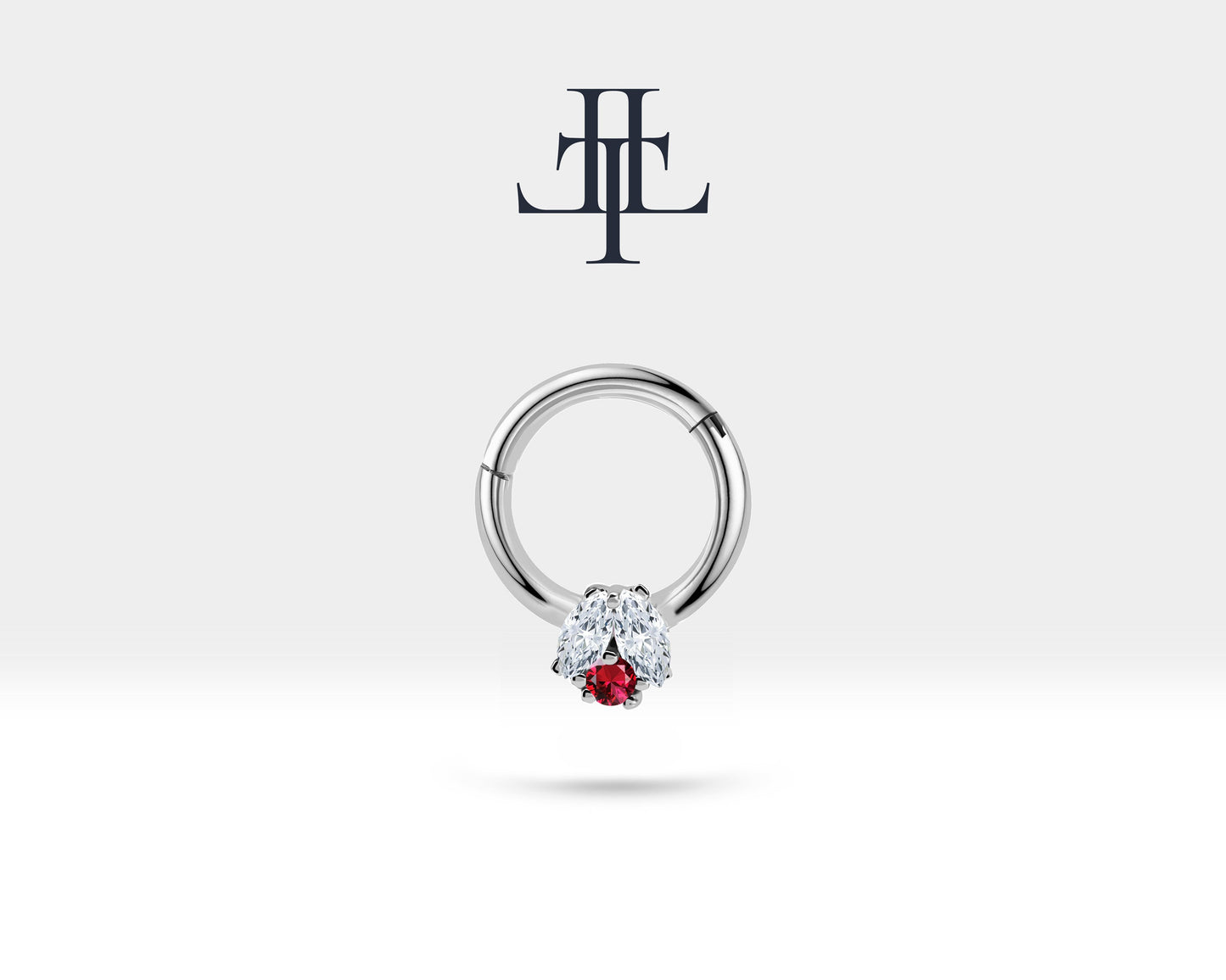 İkili Markiz Pırlanta ve Yakutlu Halka Piercing, 10 MM , 1.2 MM, 14K Sarı-Beyaz-Kırmızı Altın | LC00024DR