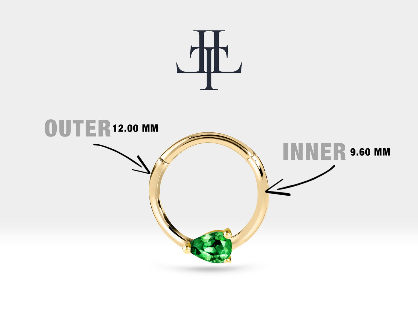 Damla Zümrütlü Halka Piercing, 10-12 MM , 1.2 MM, 14K Sarı-Beyaz-Kırmızı Altın | LC00027E