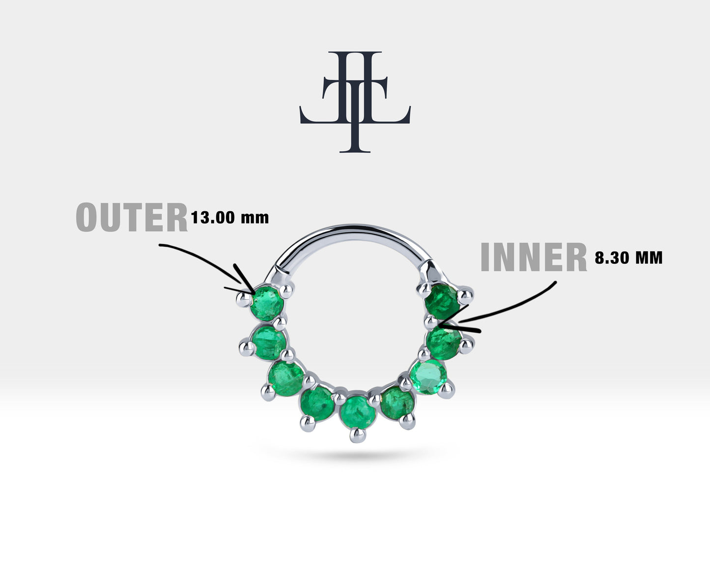 Dokuz Zümrütlü Halka Piercing, 13 MM , 1.2 MM, 14K Sarı-Beyaz-Kırmızı Altın | LC00006E