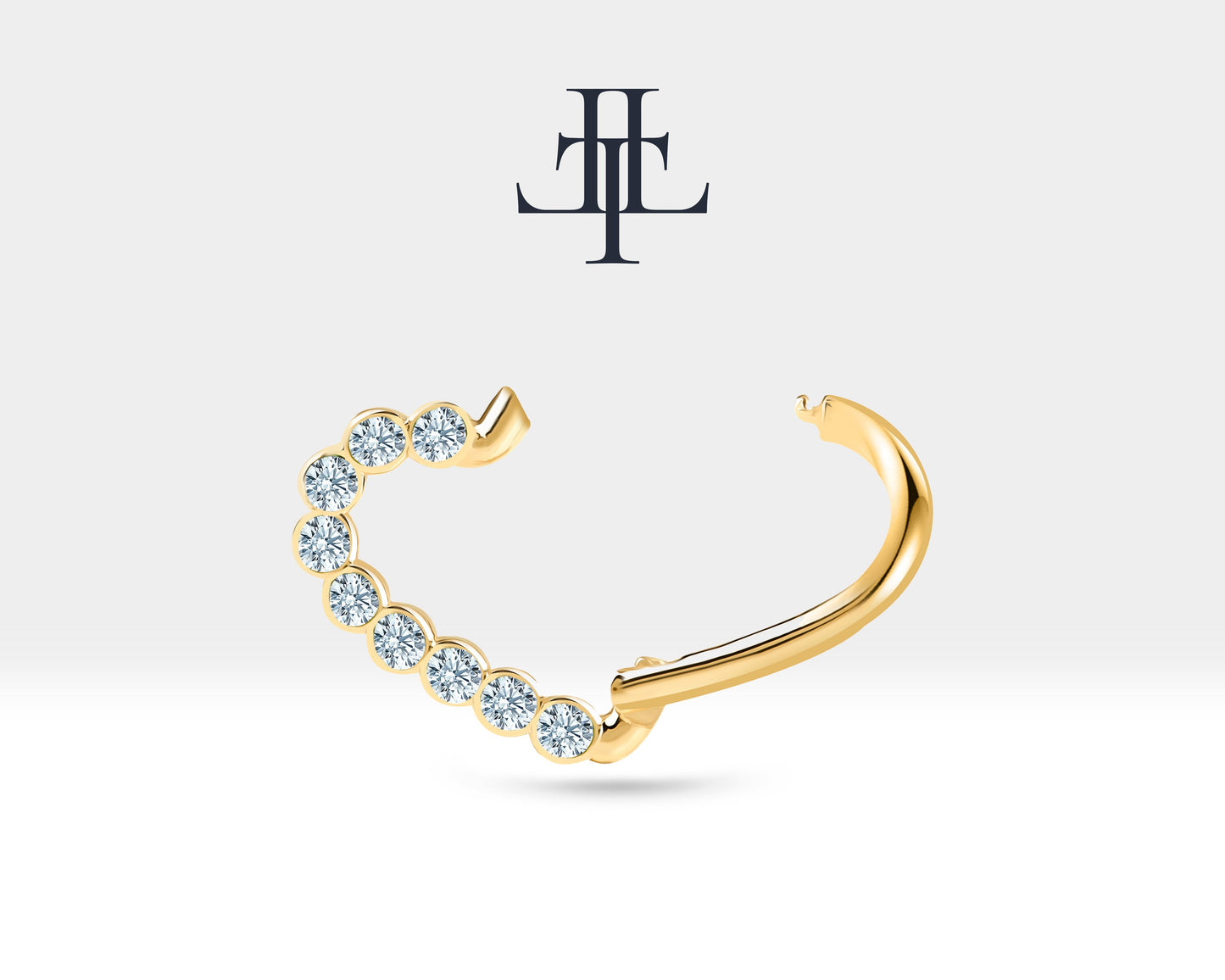 Dizi Pırlantalı Kalp Halka Piercing, 13 MM , 1.2 MM, 14K Sarı-Beyaz-Kırmızı Altın | LC00017D