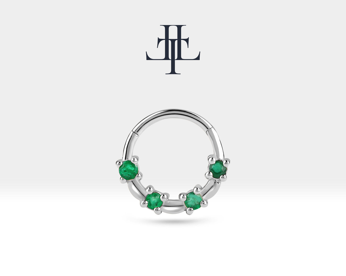 Bezeme Zümrütlü Halka Piercing, 13 MM , 1.2 MM, 14K Sarı-Beyaz-Kırmızı Altın | LC00009E