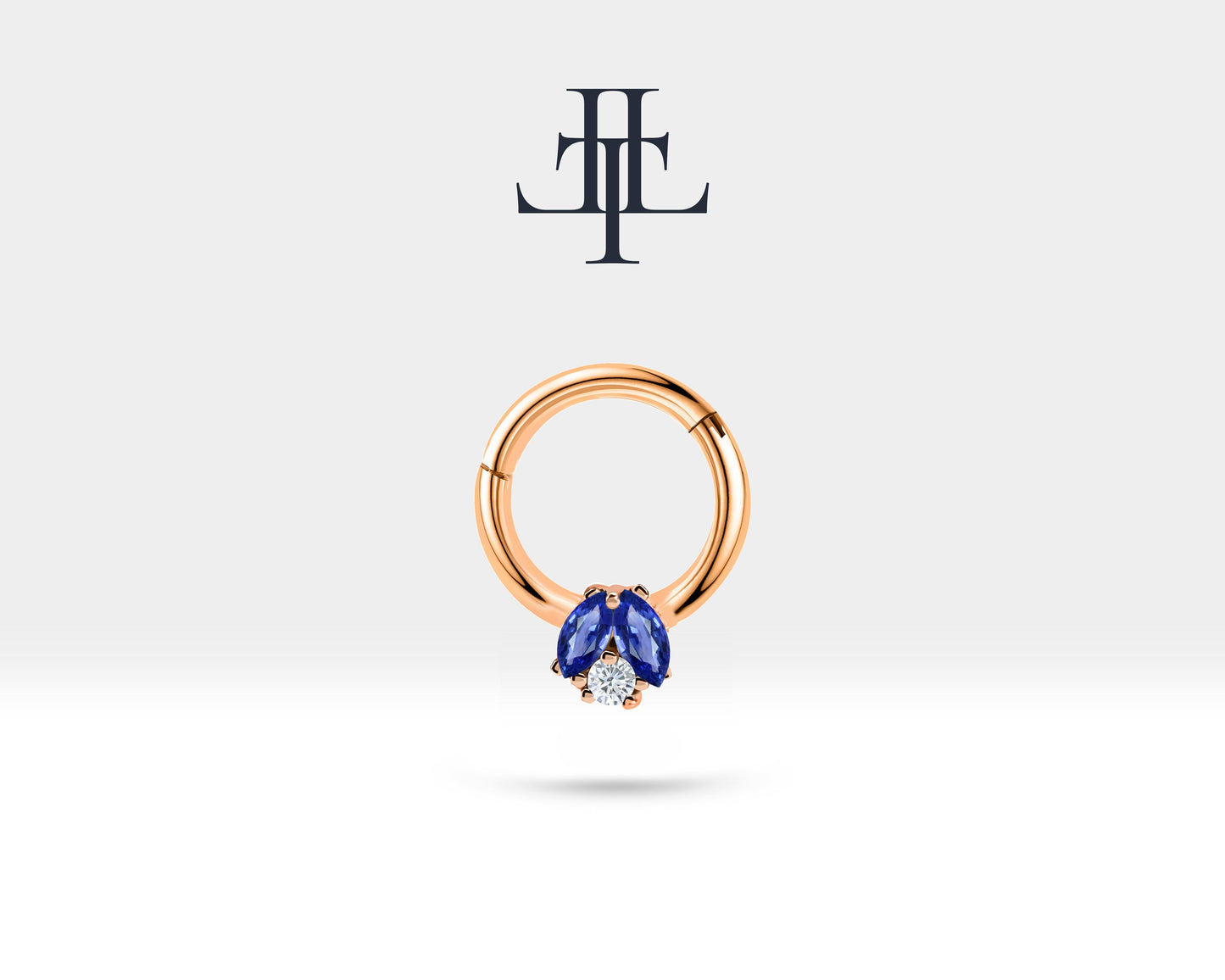 İkili Markiz Safir ve Pırlantalı Halka Piercing, 10 MM , 1.2 MM, 14K Sarı-Beyaz-Kırmızı Altın | LC00025SD