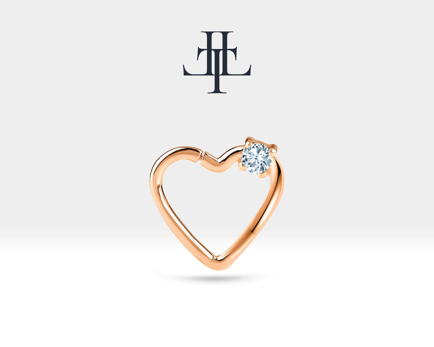 Tek Taş Kalp Pırlantalı Halka Piercing, 13 MM , 1.2 MM, 14K Sarı-Beyaz-Kırmızı Altın | LC00010D