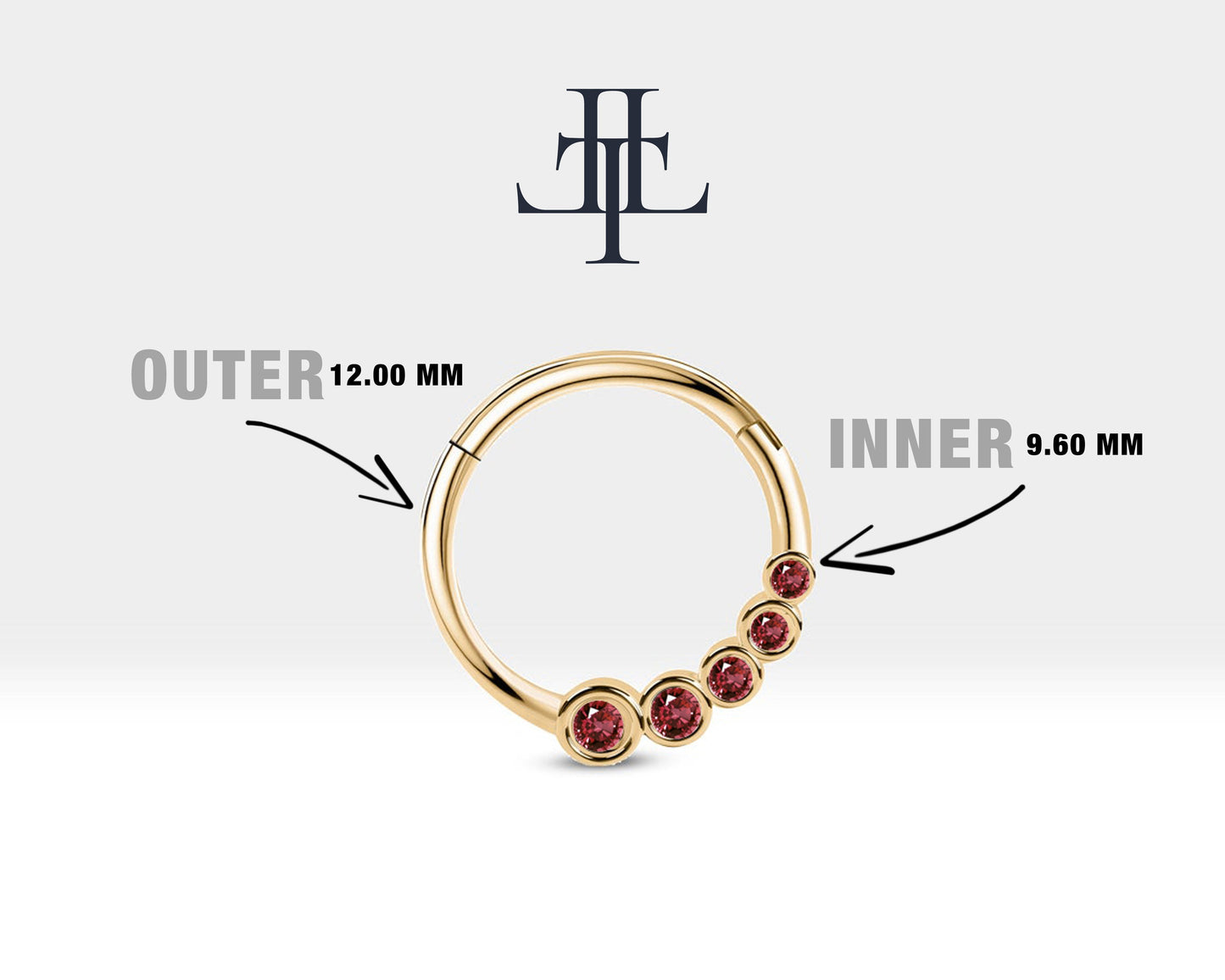 Süzme Yakutlu Halka Piercing, 12 MM , 1.2 MM, 14K Sarı-Beyaz-Kırmızı Altın | LC00018R