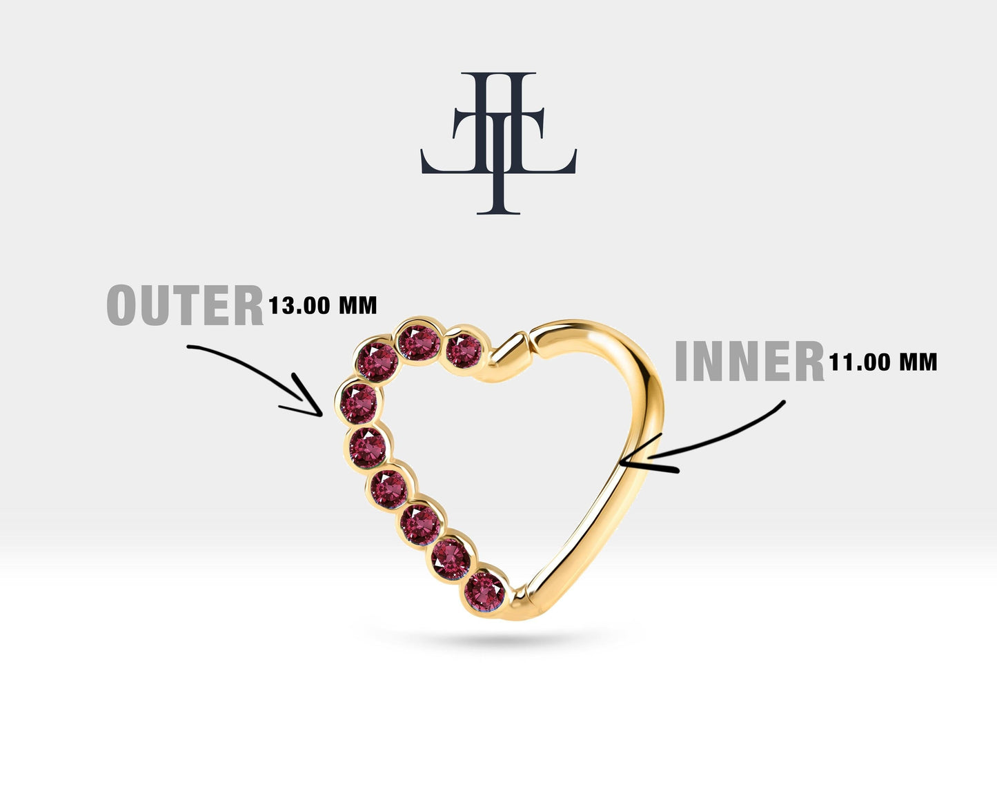 Dizi Yakutlu Kalp Halka Piercing, 13 MM , 1.2 MM, 14K Sarı-Beyaz-Kırmızı Altın | LC00017R