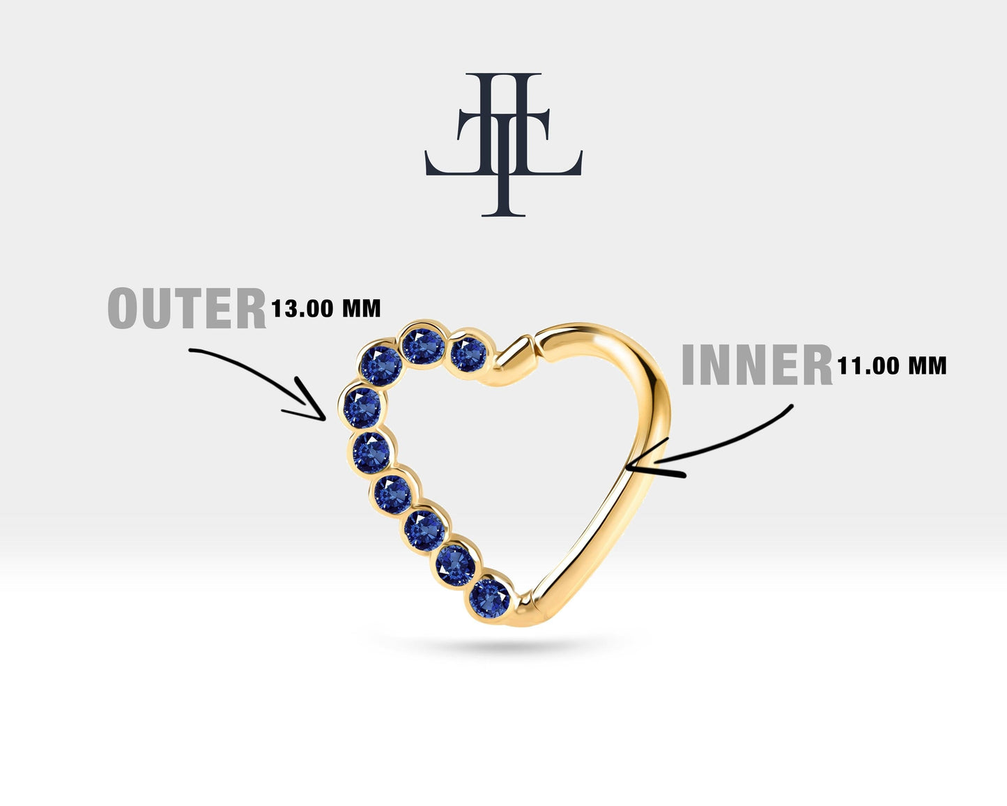 Dizi Safirli Kalp Halka Piercing, 13 MM , 1.2 MM, 14K Sarı-Beyaz-Kırmızı Altın | LC00017S